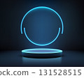 futuristic neon glowing circle with illuminated podium stage on dark reflective background for product showcase presentation and modern 3d technology design concepts 131528515