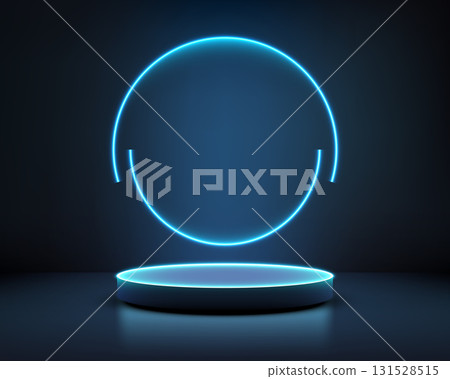 futuristic neon glowing circle with illuminated podium stage on dark reflective background for product showcase presentation and modern 3d technology design concepts 131528515