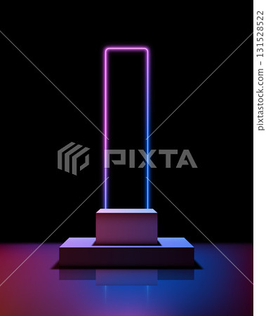 neon podium futuristic technology showcase with glowing magenta blue lights in dark interior showroom for product display and creative mockup presentation 131528522