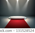 stage spotlight award podium red carpet illuminated background glamorous presentation interior design ceremony template for event and celebration success scene 131528524