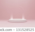 Minimal pastel mockup with white circular podium and transparent light arches in a soft pink studio, designed for product display, branding, cosmetic showcase 131528525