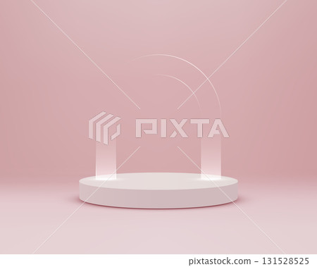 Minimal pastel mockup with white circular podium and transparent light arches in a soft pink studio, designed for product display, branding, cosmetic showcase 131528525