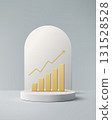 business finance growth chart with gold bar graph and upward arrow on white pedestal minimalist 3d in light gray showroom background for corporate success data and investment strategy 131528528
