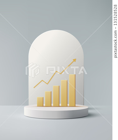 business finance growth chart with gold bar graph and upward arrow on white pedestal minimalist 3d in light gray showroom background for corporate success data and investment strategy 131528528