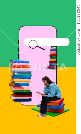 Collage art. Girl reading book while sitting on colorful pile in front of smartphone with search bar 131528545