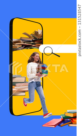 Bold colorful poster. Smiling girl carrying stack of books stepping out of smartphone with search bar Bold colorful poster. Smiling girl carrying stack of books stepping out of smartphone with search bar 131528547