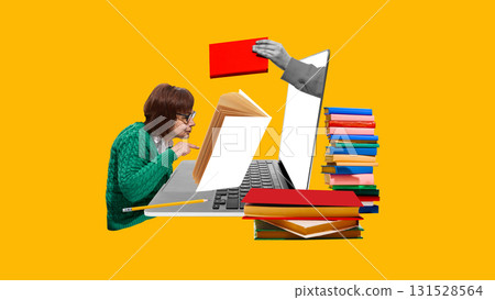 Creative collage. Older student reading book from laptop screen with curiosity on yellow background 131528564