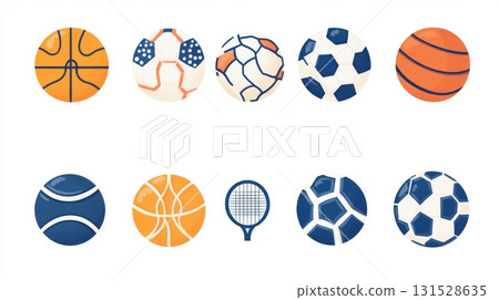 Sport Balls Collection Graphic Design Elements Orange Blue White set fun icon game play team cute 131528635