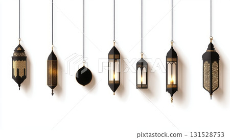 Elegant Black Gold Ramadan Lanterns Hanging Festive Decor Art Light Image Style Shiny Metal Islam 131528753