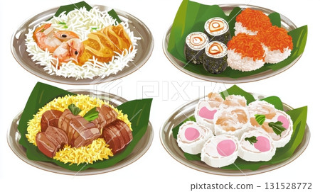 Delicious Asian Cuisine Food Platter Illustration Shrimp Sushi Rice meal Thai meat menu roll lunch 131528772