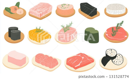 Assorted Raw Meat Cuts Sashimi Steaks Seafood Dishes Food Illustration Graphic Design Delicious 131528774
