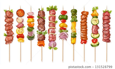 Delicious Grilled Skewers Variety Meat Vegetable BBQ Food Summer Menu Shish Kabob Kebab Lunch Party 131528799