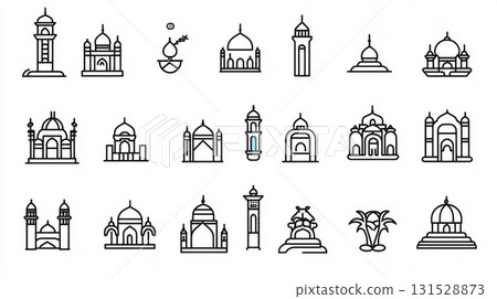 Mosque Icons Set Islamic Architecture Line Art Graphic Design Elements dome faith clean black white 131528873