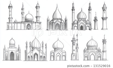Hand Drawn Mosque Sketches Architectural Designs Islamic Buildings Art Dome Line Plan Faith Black 131529016