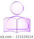 3D glassmorphism user with book icon. Minimal glossy purple symbol representing student, reading, knowledge, and education. Suitable for digital learning, online school 131529214