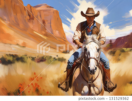 美國狂野西部風景與騎馬的牛仔 美國狂野西部風景與騎馬的牛仔 131529362