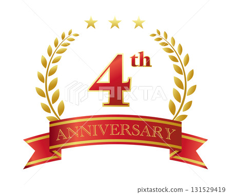 四周年紀念圖標。紅色絲帶和裝飾框。 四周年紀念圖標。紅色絲帶和裝飾框。 131529419
