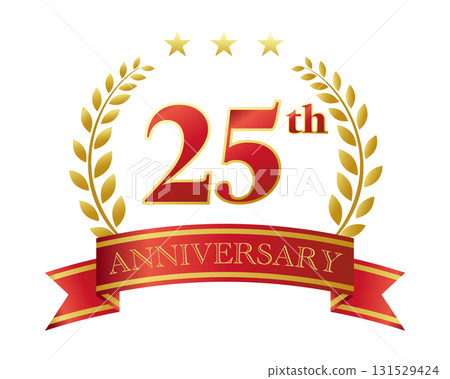25週年紀念圖示。紅色絲帶和裝飾框。 131529424