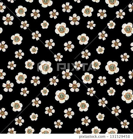 White flowers on a seamless floral pattern on a black background. Spring blooming kiwi flowers for home, children's, kitchen textiles, wrapping paper, wallpapers, for preserves, drinks, food design 131529458