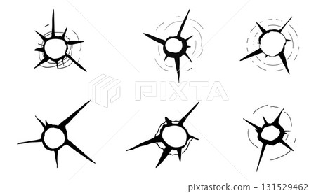 Bullet hole gun set shot weapon silhouette, impact impact marks gun, bullet hole gunshot. Damage from shoot. 131529462