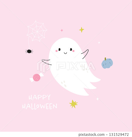 Cute Halloween Card with Ghost, Spider, and Pumpkin Cute Halloween Card with Ghost, Spider, and Pumpkin 131529472
