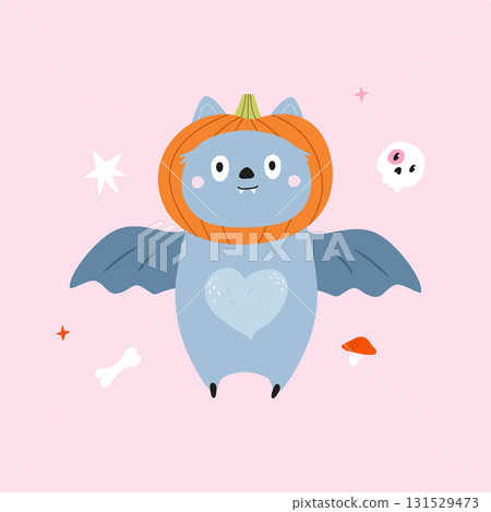 Cute Halloween Bat in a Pumpkin Costume with Spooky Elements Cute Halloween Bat in a Pumpkin Costume with Spooky Elements 131529473