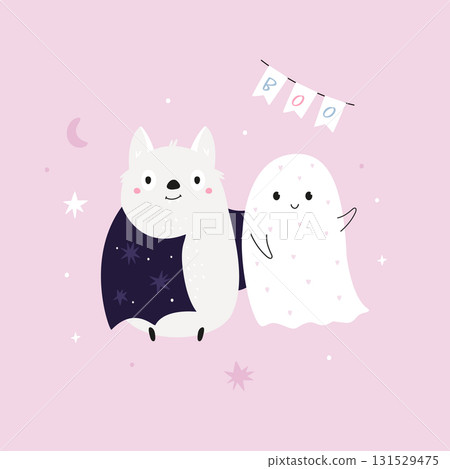 Cute Ghost and Bat. Funny Halloween Friends Illustration for Kids 131529475