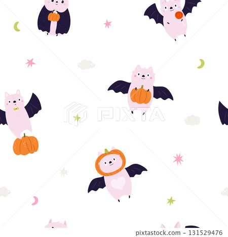 Cute Halloween Bat Seamless Pattern with Pumpkins. Cute Halloween Bat Seamless Pattern with Pumpkins. 131529476
