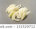 Sliced onions on plastic cutting board 131529712