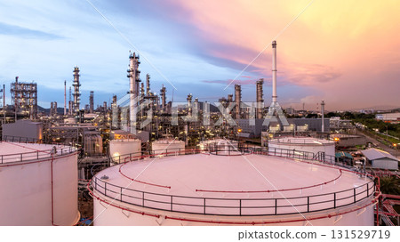 Aerial view oil and gas refinery plant at night, Global business energy logistic transportation, Oil and gas refinery petrochemical industrial, Petrochemical refinery industrial energy supply chain. 131529719