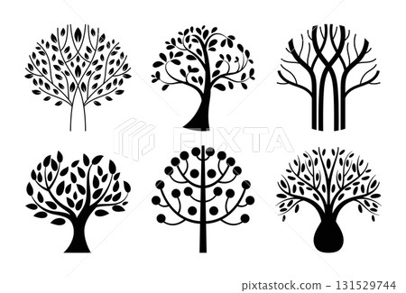Black trees silhouettes. Natural forest plant, abstract geometric form graphic for logotype, ecological emblem and natural bio product decorative badge. Vector flat style isolated illustration set 131529744