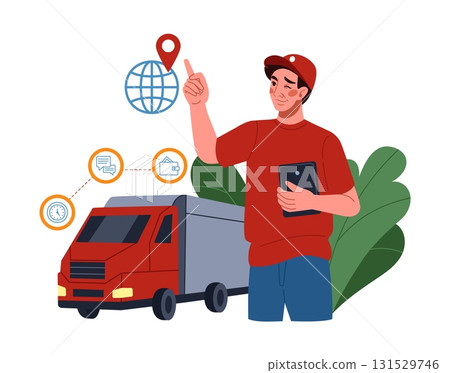 Supply export. Cargo delivery. Freight international transportation. Automobile truck. Warehouse car. Logistic support service. Global distribution pin. Man in uniform. Import parcel. Vector concept 131529746