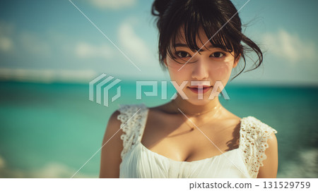 被藍色大海和燈光包圍的女模特兒的避暑勝地肖像 被藍色大海和燈光包圍的女模特兒的避暑勝地肖像 131529759