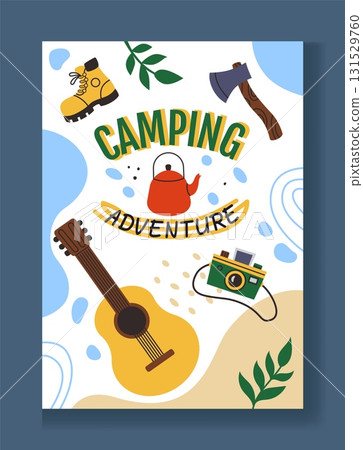 Camping adventure poster. Travel and tourism flyer. Guitar, picnic equipment on abstract background. Card design. Advertising template. Recreation on nature. Vector cartoon flat isolated illustration 131529760