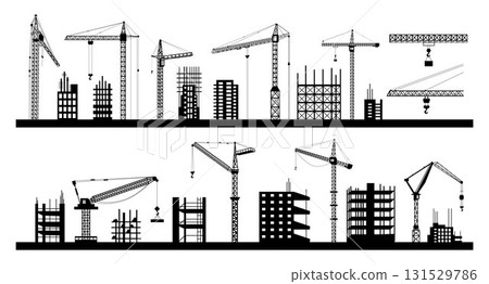 Tower crane silhouette. Steel frame machine. Urban construction site. Engineering blueprint black outlines. City development. Architecture graphic backgrounds set. Vector industrial tidy structure Tower crane silhouette. Steel frame machine. Urban construction site. Engineering blueprint black outlines. City development. Architecture graphic backgrounds set. Vector industrial tidy structure 131529786