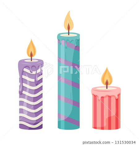 Three colorful striped candles with melting wax and flames 131530034