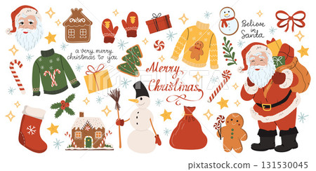 Christmas big set of elements with cookies, Santa, presents, sweater, snowman, candy. Stickers set.  131530045
