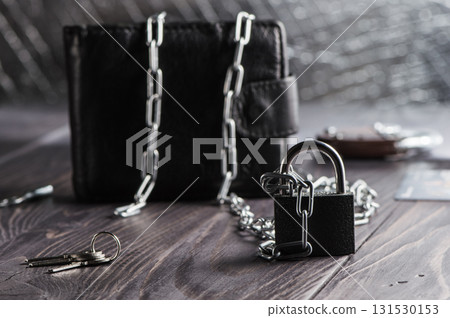An iron chain locks the wallet with money, preventing access to the contents An iron chain locks the wallet with money, preventing access to the contents 131530153