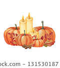Watercolor illustration of orange pumpkins, burning candle, acorns, dry leaves, red berries on white background. Perfect for Thanksgiving greetings, postcards, invitations, Halloween,food packaging. 131530187