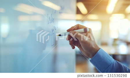 A man's hand writing on a whiteboard with a marker 131530298