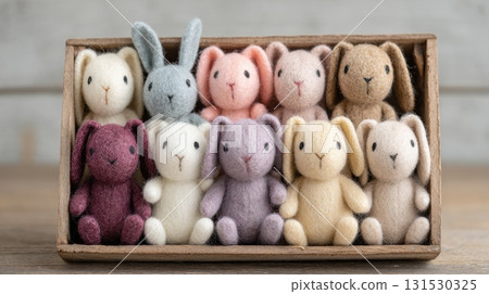Colorful Felt Bunny Toys In Wooden Box. Handmade Craft Display For Home Decor And Gifts Colorful Felt Bunny Toys In Wooden Box. Handmade Craft Display For Home Decor And Gifts 131530325