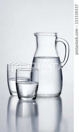 Glass Pitcher And Two Glasses Of Water On Reflective Surface. Refreshing Hydration Concept Glass Pitcher And Two Glasses Of Water On Reflective Surface. Refreshing Hydration Concept 131530337