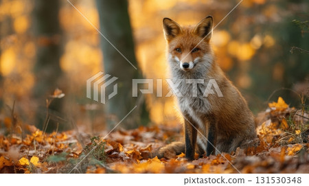 Red Fox Sitting In Autumn Forest Surrounded By Fallen Leaves. Wildlife Photography Capturing Nature'S Beauty 131530348