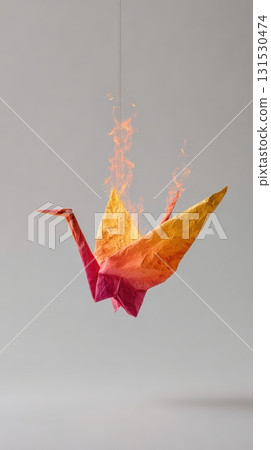 Origami Crane On Fire Suspended In Mid-Air. Symbol Of Transformation And Impermanence Origami Crane On Fire Suspended In Mid-Air. Symbol Of Transformation And Impermanence 131530474