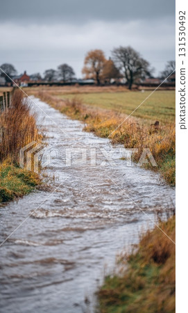 Flooded Rural Path With Overcast Sky And Distant Trees. Nature'S Impact On Countryside Landscape 131530492