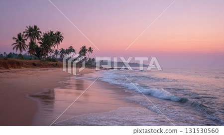 Tropical Beach At Sunrise With Palm Trees And Gentle Waves. Serene Coastal Landscape 131530560