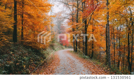 Autumn Forest Path With Vibrant Foliage. Serene Nature Walk In Fall Season 131530561