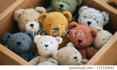 Colorful Knitted Teddy Bears In Wooden Box. Handmade Toys For Children And Collectors 131530695