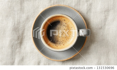 Cup Of Espresso Coffee On A Textured Linen Background. Morning Coffee Ritual And Relaxation 131530696