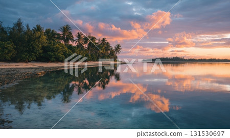 Tropical Beach Sunset With Palm Trees And Reflective Water. Serene Coastal Landscape 131530697